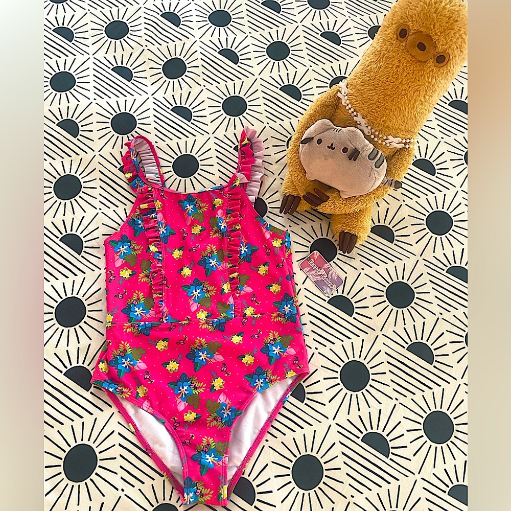 Pretty Hibiscus Ruffled Trim Girl’s 1pc Swimsuit NWT (Sz. 14 (XL))